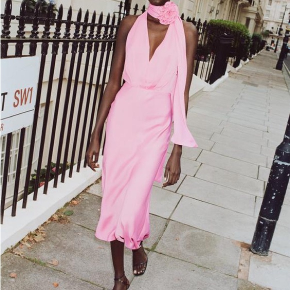 Zara Elegant Pink Satin Effect Halter Dress